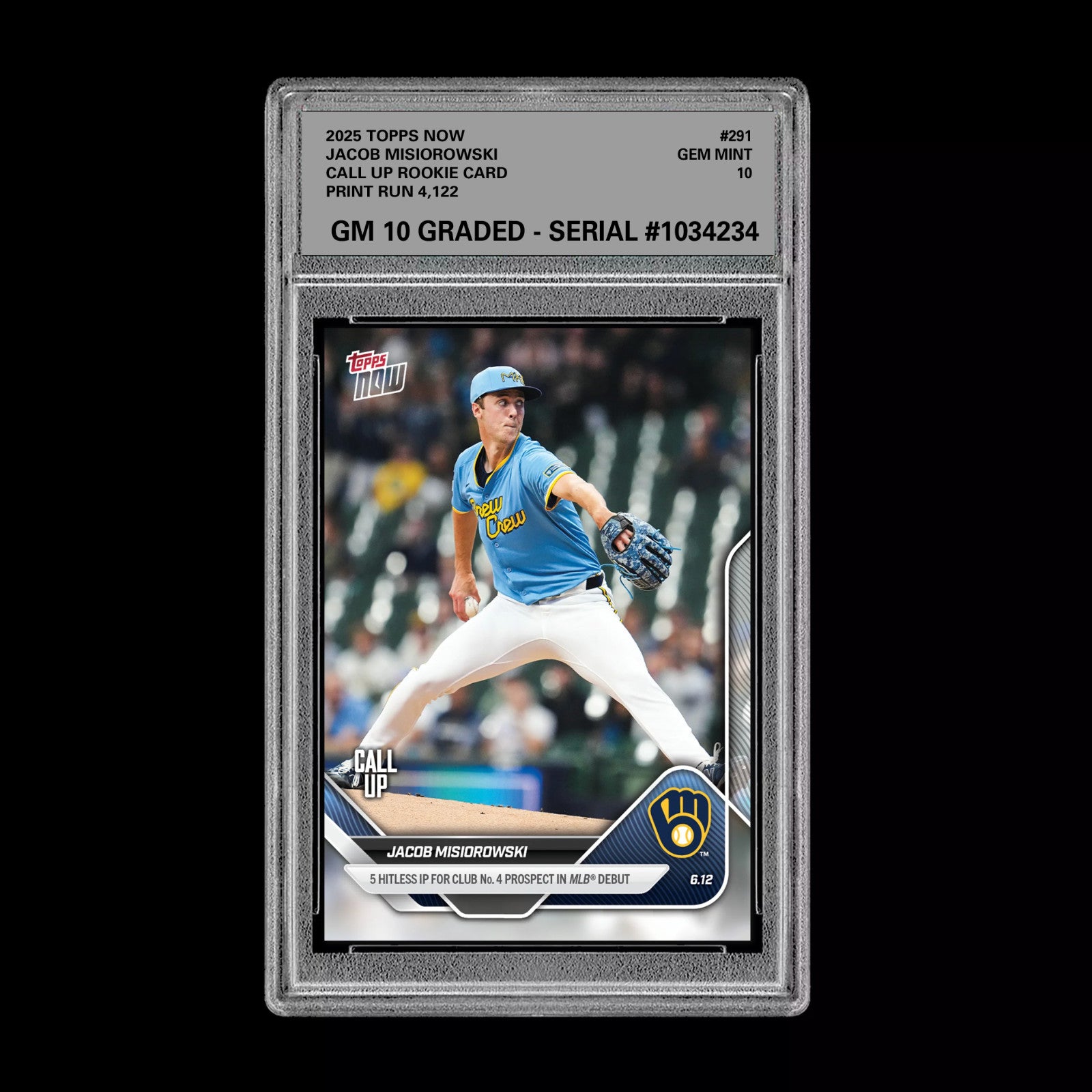 Graded 10 Jacob Misiorowski - 2025 TOPPS NOW #291 RC Rookie Call Up Card