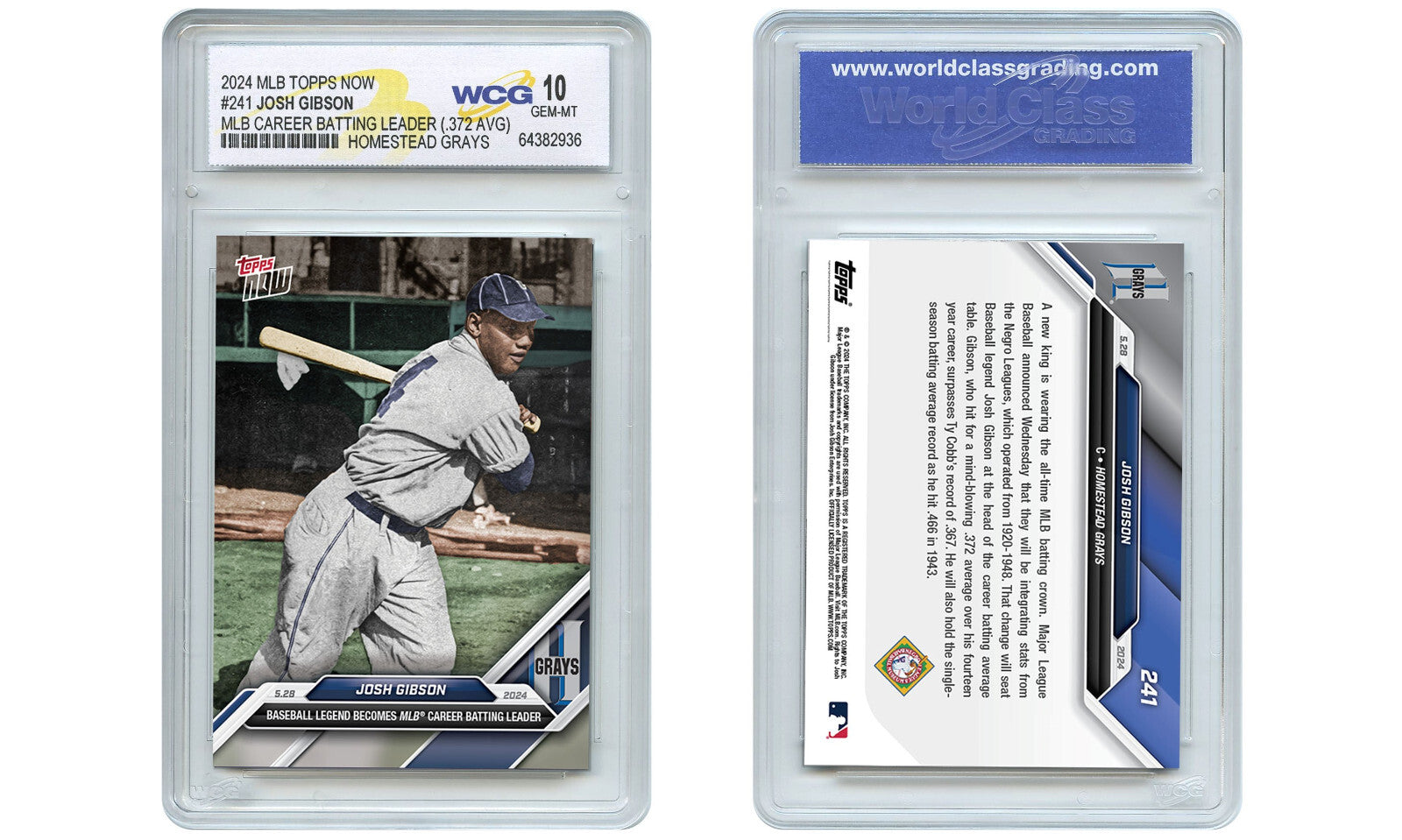 2024 Topps JOSH GIBSON MLB Career Batting Leader .372 Avg. Card #241 GEM MINT 10