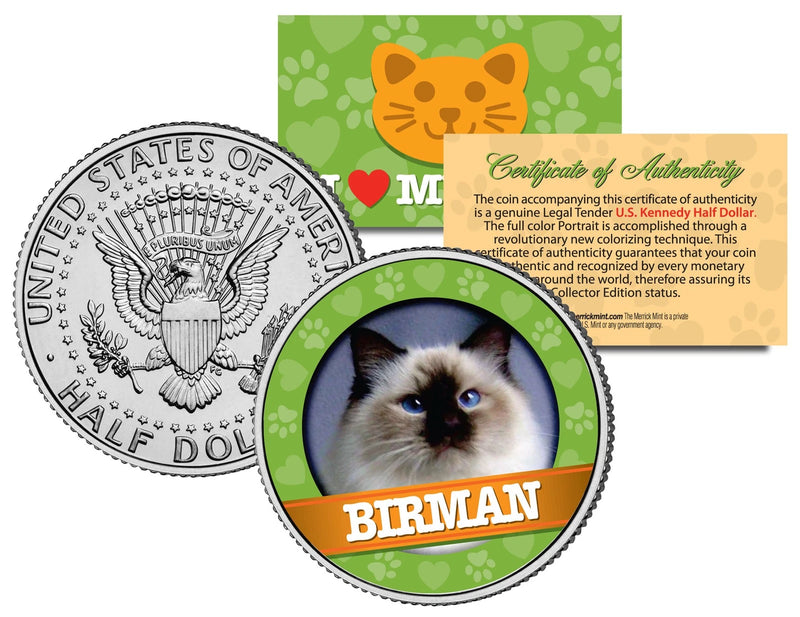 Moneda coloreada de medio dólar estadounidense de JFK Kennedy con el gato de Birmania-1