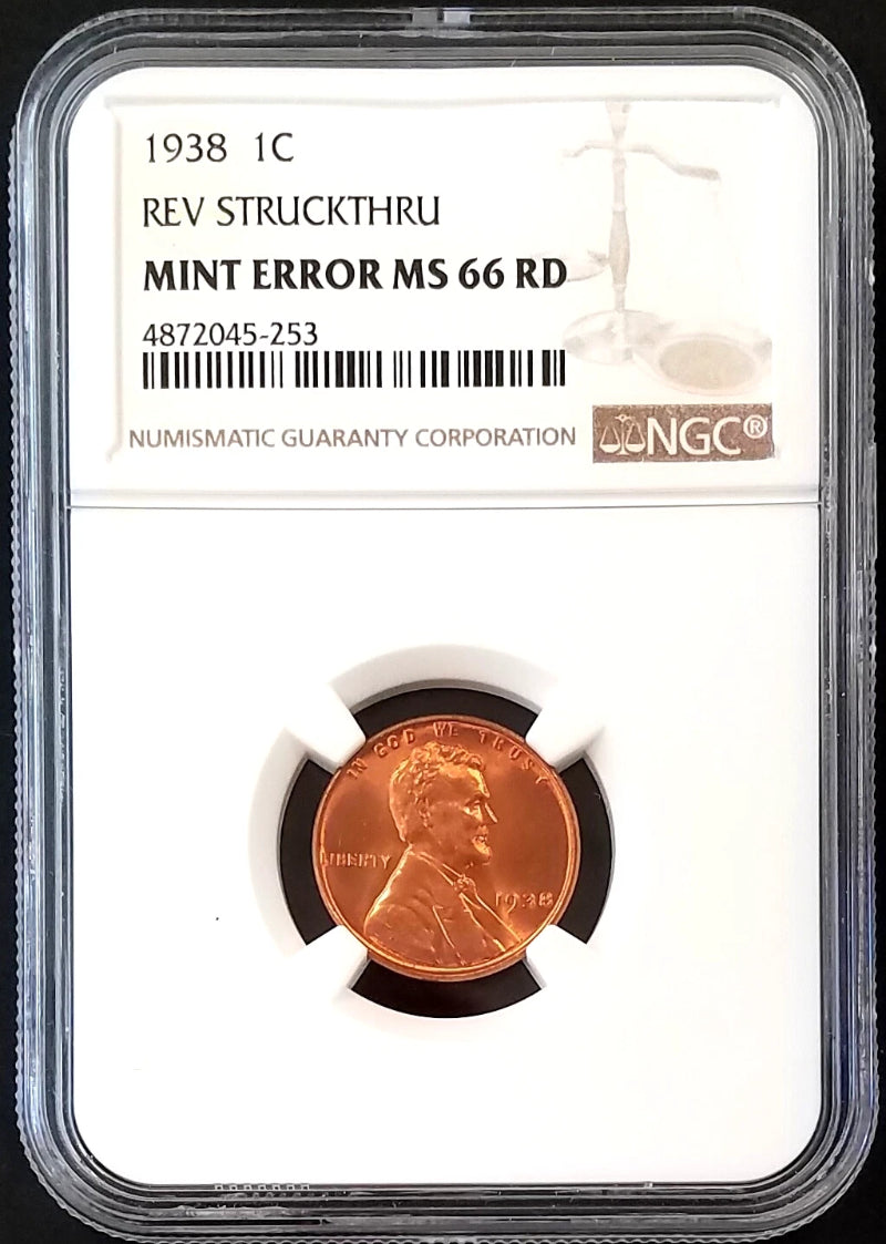 1938 Lincoln Cent certified Mint Error, Reverse Struck Thru, MS 66 RD by NGC!-5