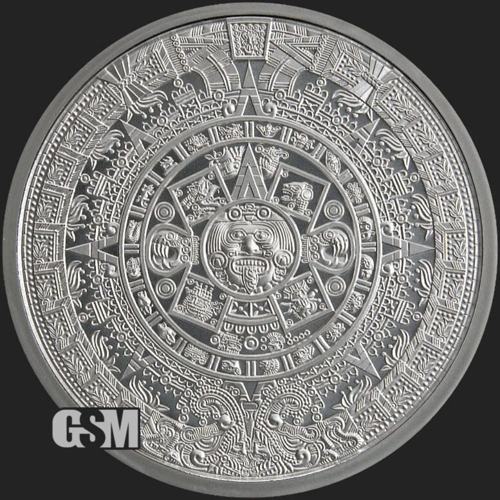 2 oz .999 Fine Silver Aztec Calendar Stone Eagle Warrior Emperor of Tenochtitlan-1