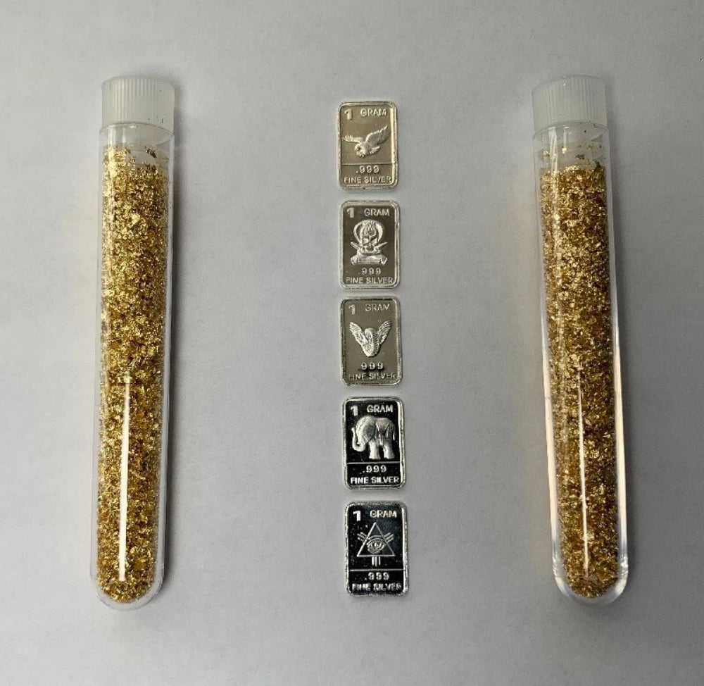 ✯ (5) PURE SILVER BARS 0.999 FINE + 2 GOLD FLAKE VIALS! ✯ Estate Lot Bullion ✯-1