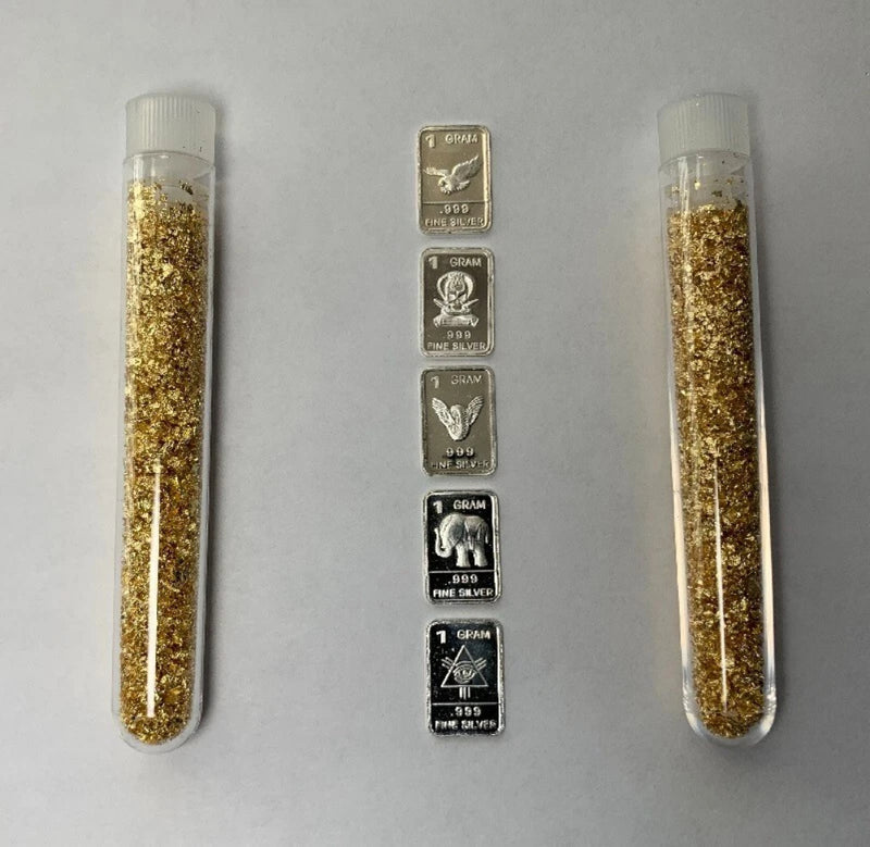 ✯ (5) PURE SILVER BARS 0.999 FINE + 2 GOLD FLAKE VIALS! ✯ Estate Lot Bullion ✯-1
