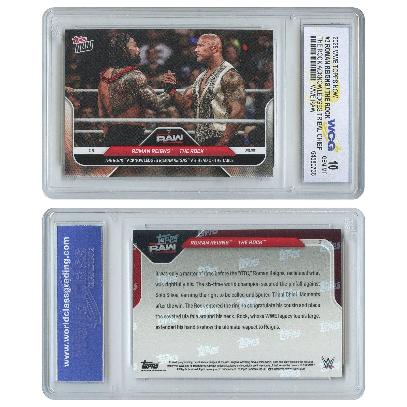 2025 WWE Topps Now ROMAN REIGNS / THE ROCK Tribal Chief Card #3 - GEM MINT 10