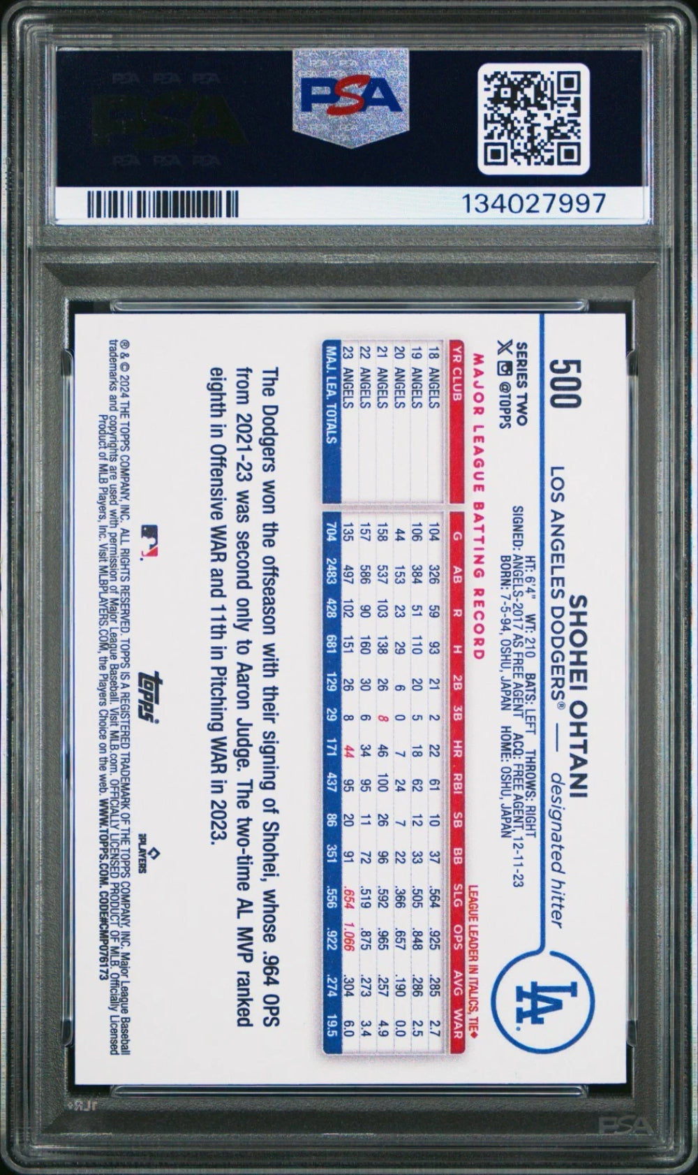 2024 Topps #500 Shohei Ohtani PSA 10 GEM MINT Los Angeles Dodgers