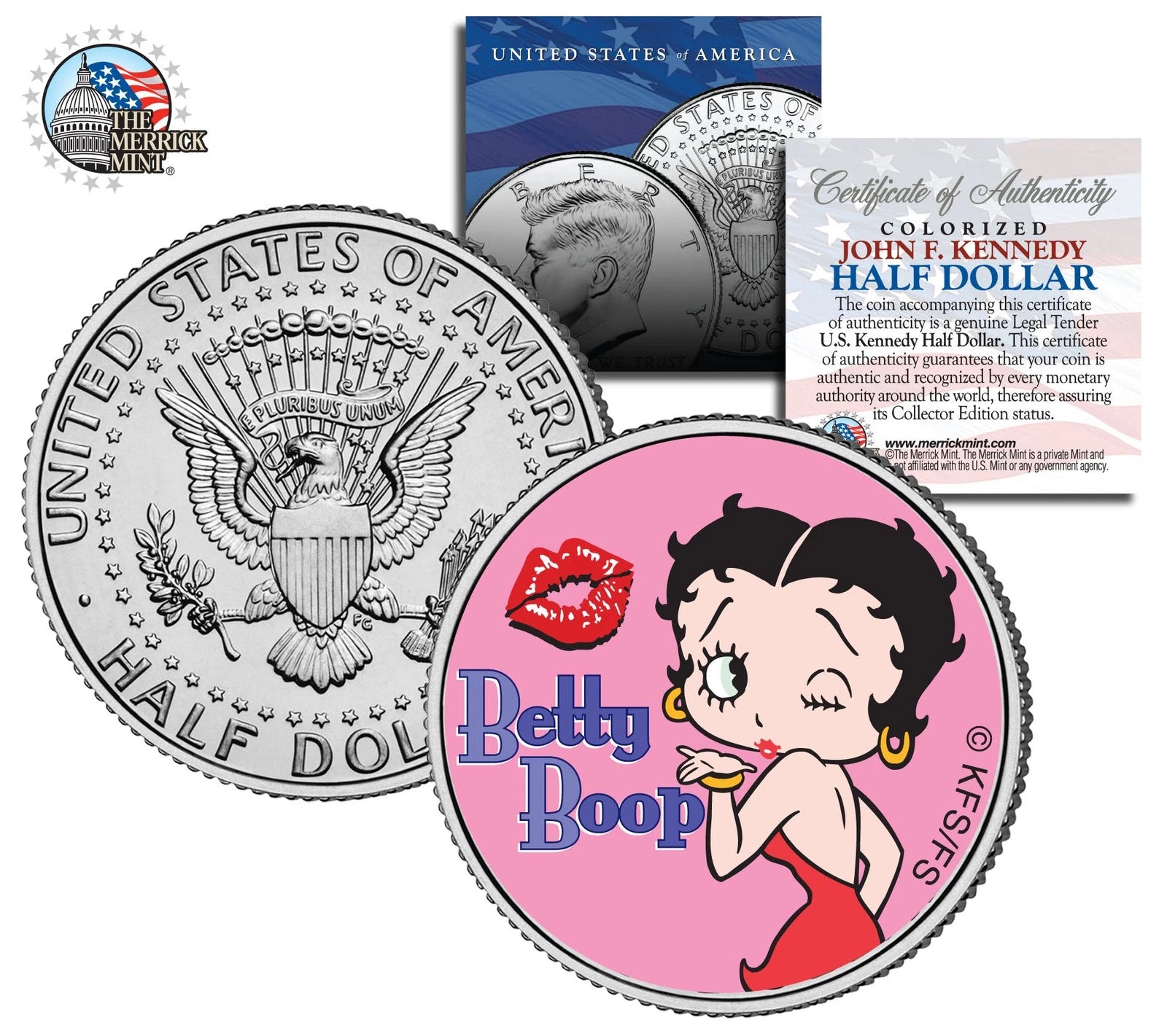 Moneda de medio dólar estadounidense de Betty Boop "Kiss" JFK Kennedy *Con licencia oficial*
