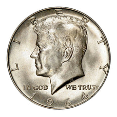 Moneda de medio dólar JFK Kennedy de 1964, 90 % plata, brillante, sin circular (BU)-1
