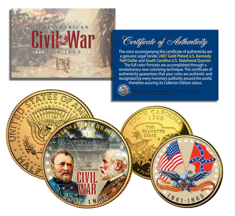 American CIVIL WAR 24K Gold Plated Quarter SC & JFK Half Dollar U.S. 2-Coin Set-1