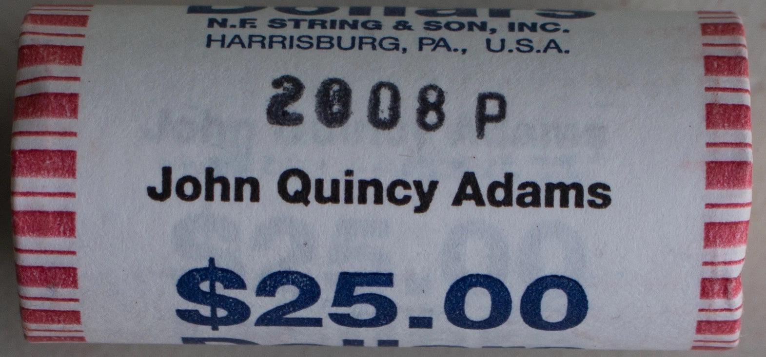 2008 P John Quincy Adams Uncirculated One Dollar 25 Golden Coin Roll $1-3