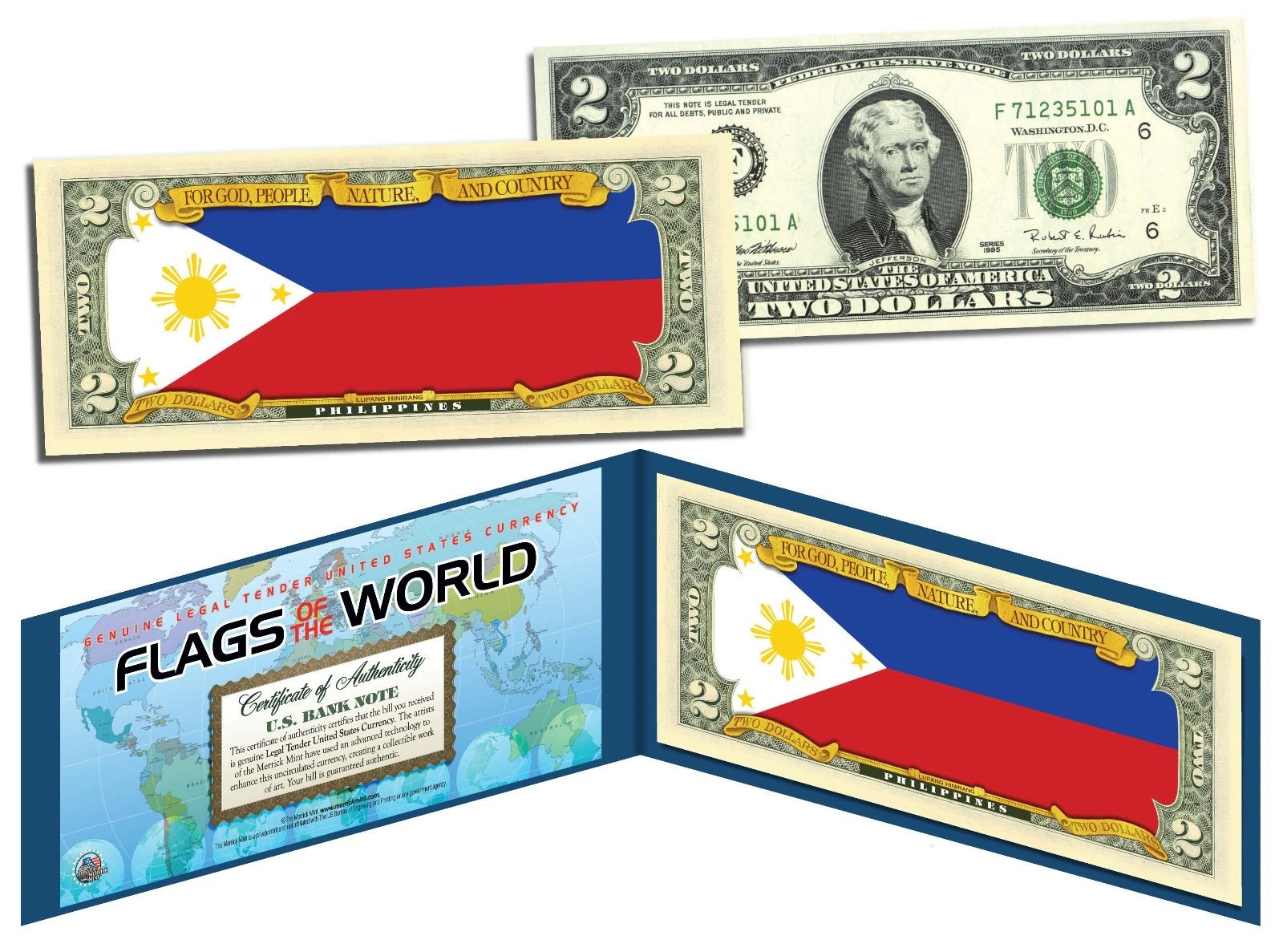 PHILIPPINES - FLAG SERIES $2 U.S. Bill - Genuine Legal Tender Bank Note