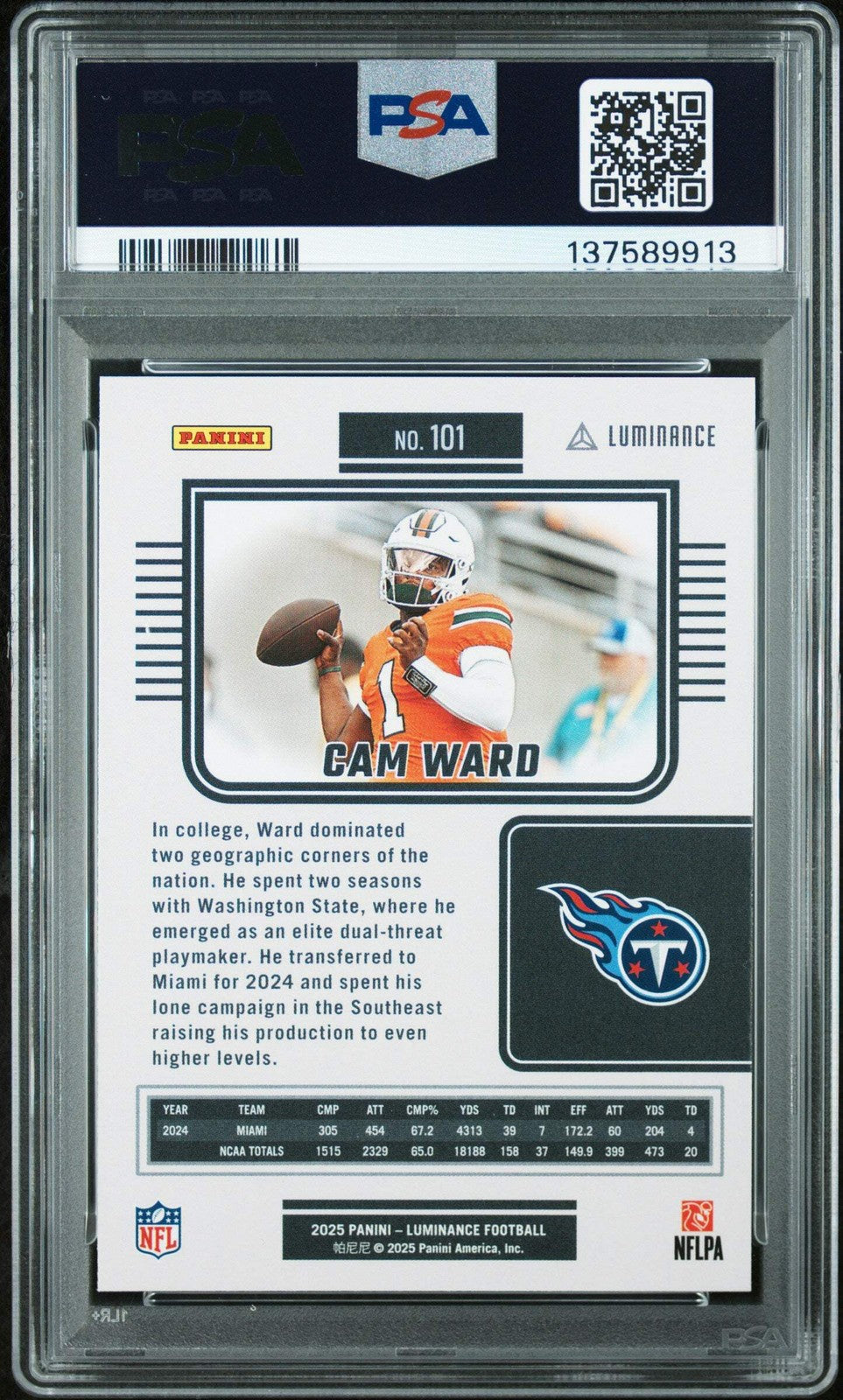 Graded 2025 Panini Luminance Cam Ward #101 Rookie RC Football Card PSA 9 Mint-2