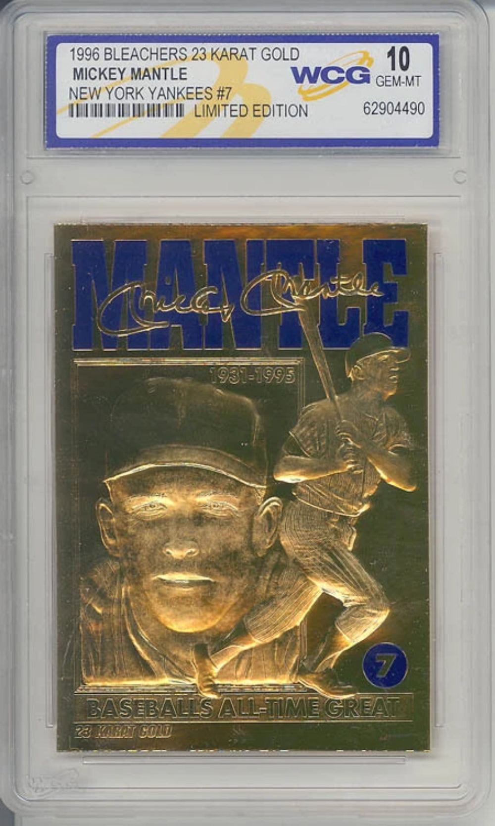 1996 MICKEY MANTLE NY YANKEES #7 23K GOLD CARD - GRADED GEM-MINT 10-1