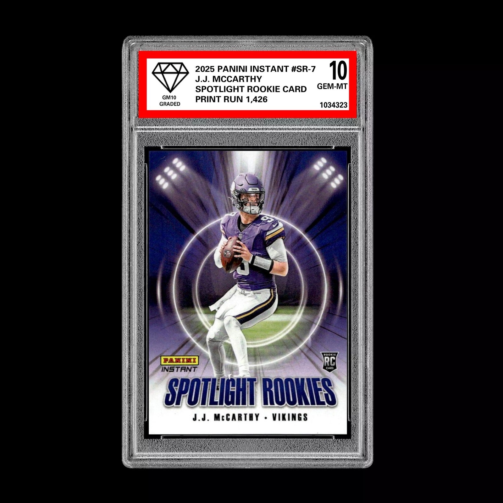 Graded 10 J.J. McCarthy - 2025 Panini Instant #SR-7 RC Spotlight Rookie Vikings