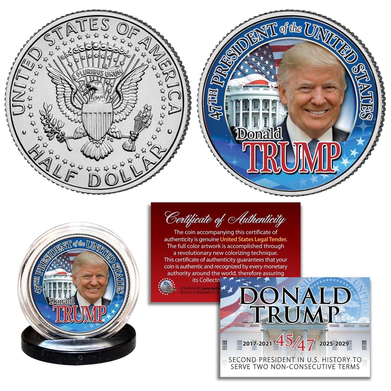 DONALD TRUMP 47th PRESIDENT Colorized Authentic JFK Kennedy Half Dollar Coin COA-1