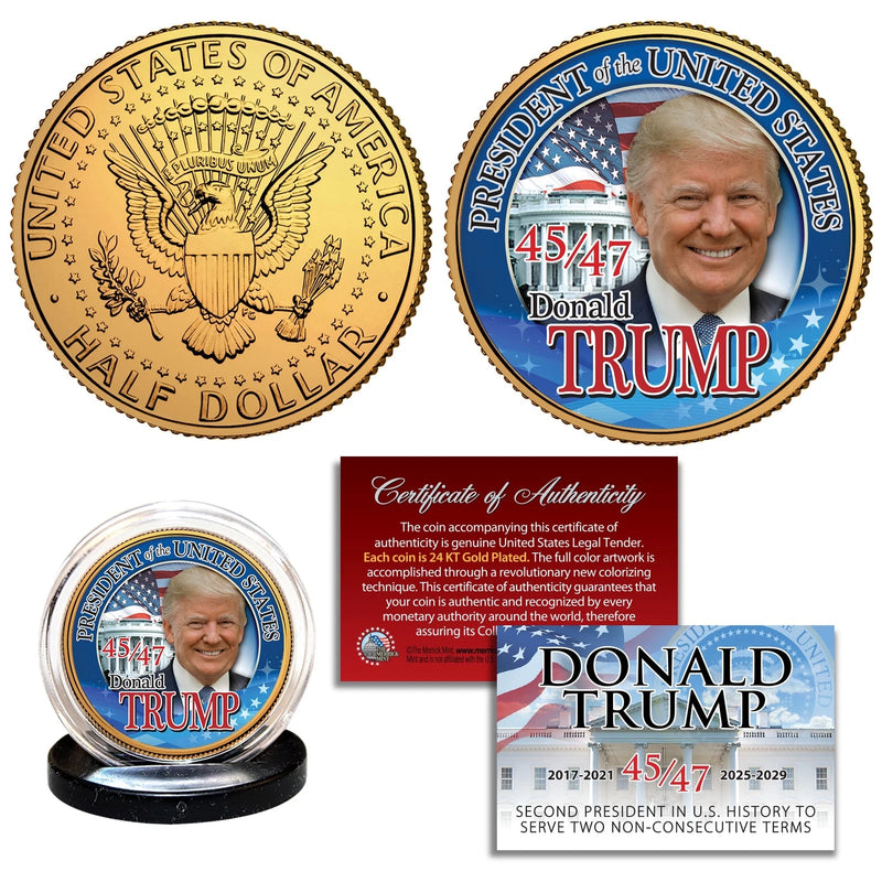 DONALD TRUMP 47th PRESIDENT 24KT Gold Plated JFK Kennedy Half Dollar Coin 45/47-1