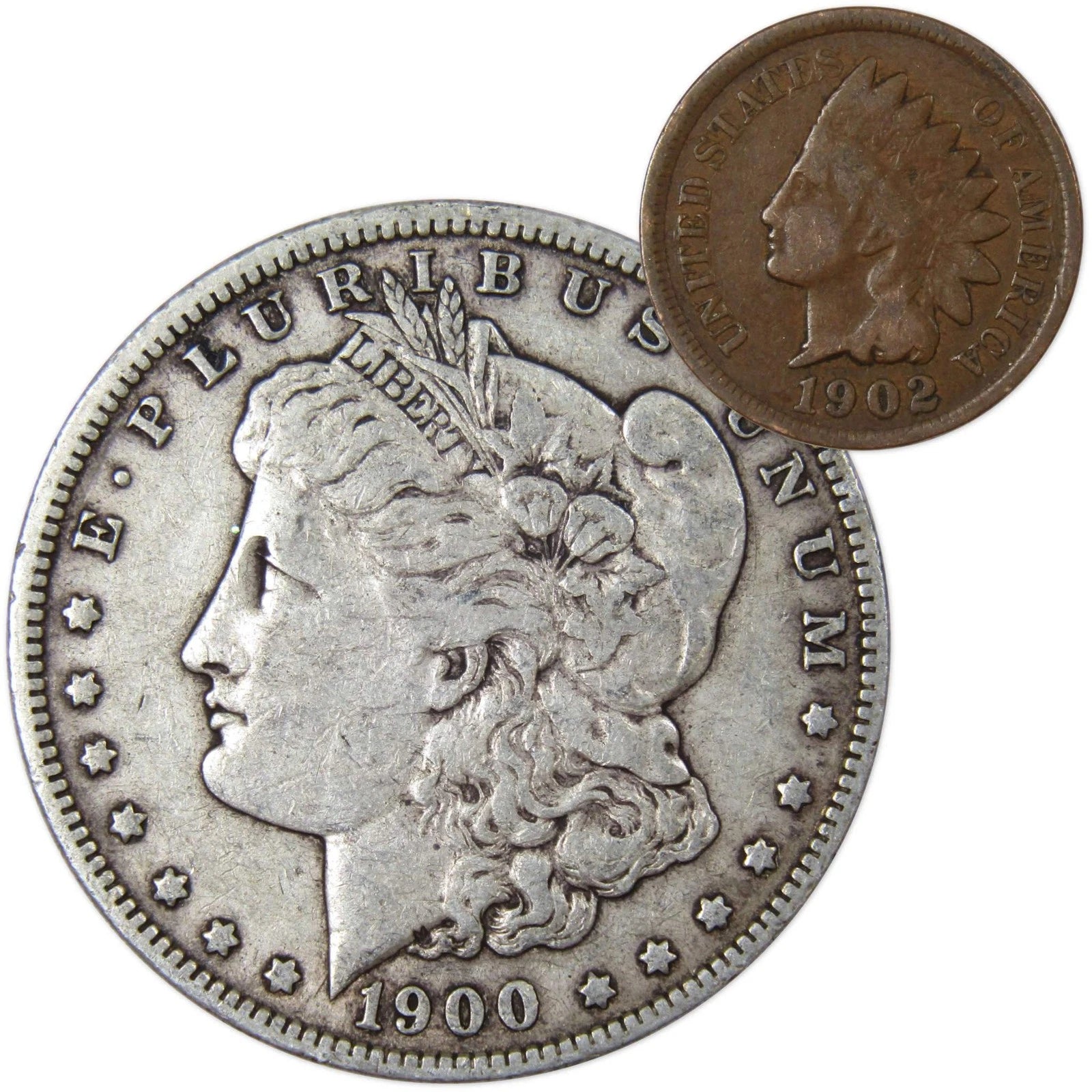 1900 O Morgan Dollar F Fine 90% Silver Coin with 1902 Indian Head Cent G Good