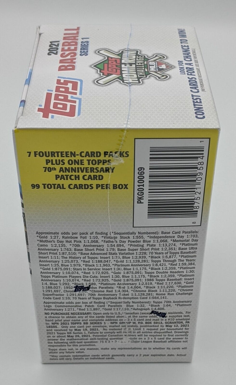 Factory Sealed 7 Pack Blaster Box 2021 Topps Series 1 Baseball Cards with Patch-2