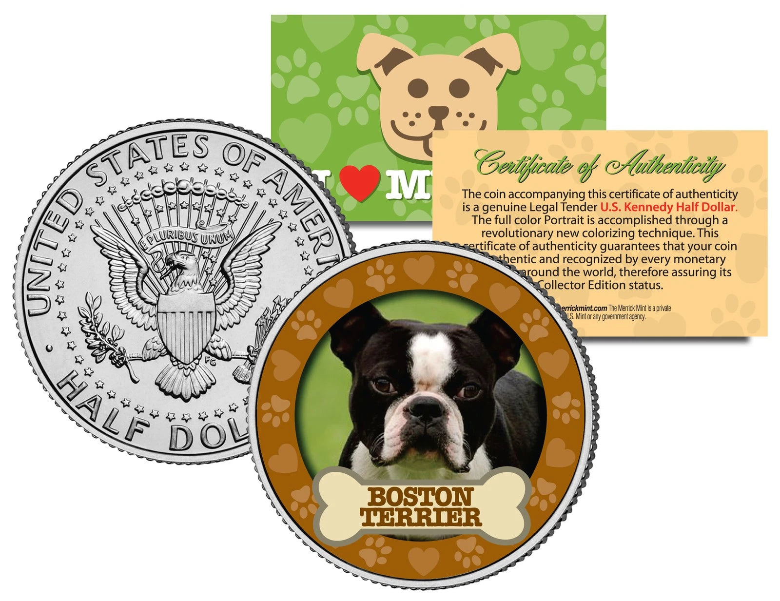 BOSTON TERRIER Dog JFK Kennedy Half Dollar US Colorized Coin
