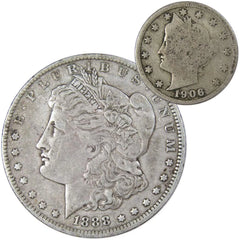 1888 O Morgan Dollar VF Very Fine 90% Silver with 1906 Liberty Nickel G Good-1