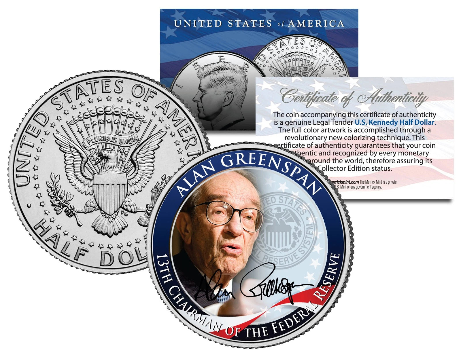 ALAN GREENSPAN *13th Chairman Federal Reserve* JFK Half Dollar US Colorized Coin