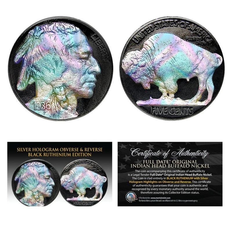 1930's Indian Head Buffalo Nickel Coin - BLACK RUTHENIUM & SILVER HOLOGRAM-1