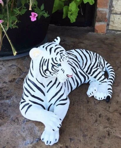 Large Siberian Ghost White Tiger Resting 15.5" Long Statue Home Garden Decor-3