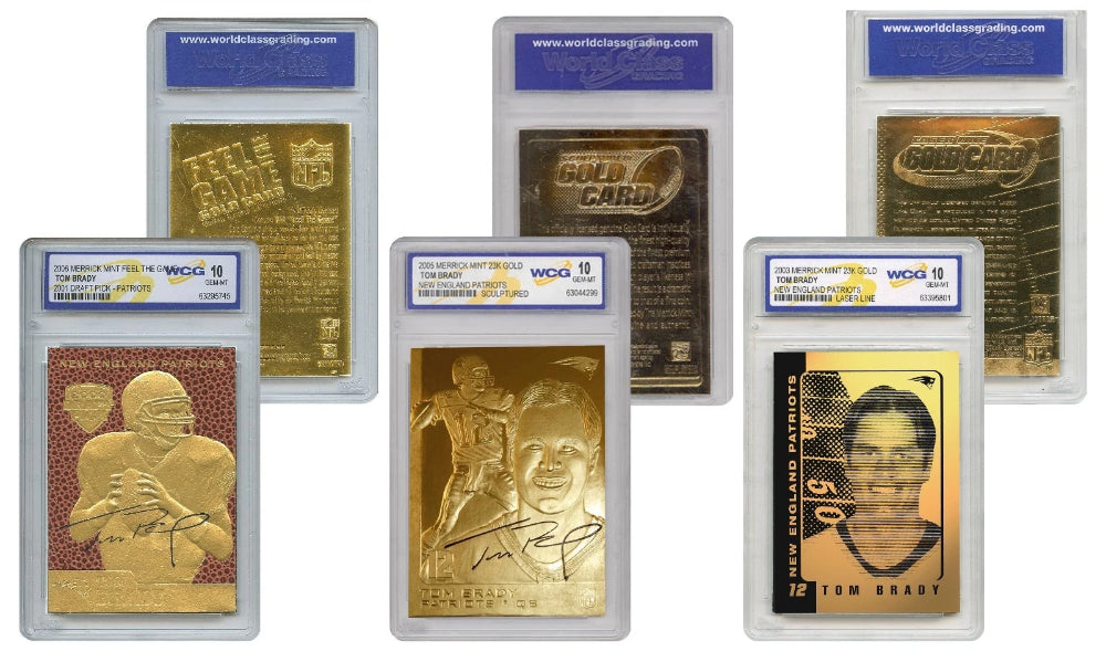 Tarjetas de oro genuinas de la NFL de 23 quilates de los Patriots de Tom Brady, todas con calificación Gem-Mint 10 - Juego de 3