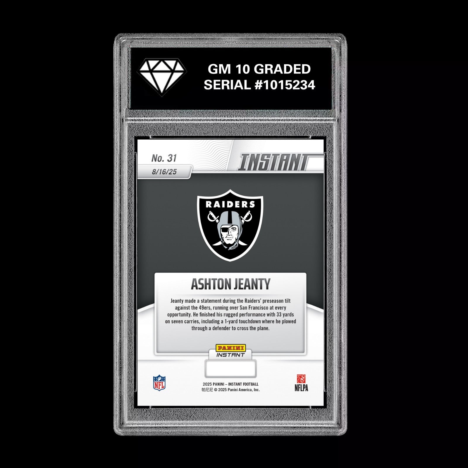 GM10 Graded 10 Ashton Jeanty RC ROOKIE SP 2025 Panini Instant NFL #31