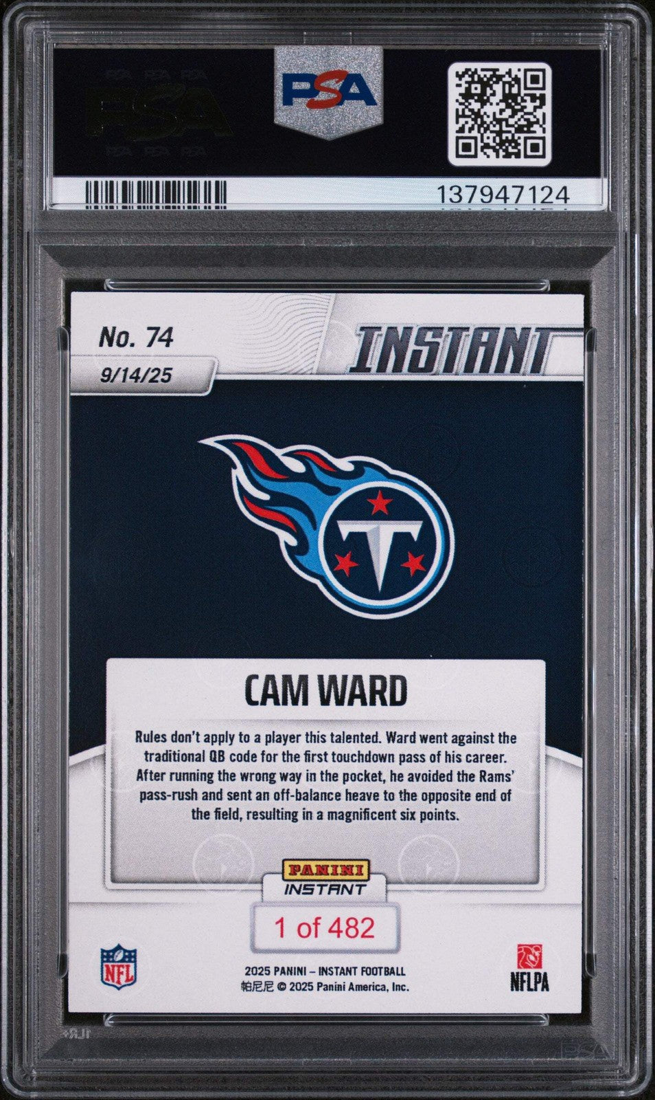 Graded 2025 Panini Instant NFL Cam Ward #74 Rookie RC Football Card PSA 10-2