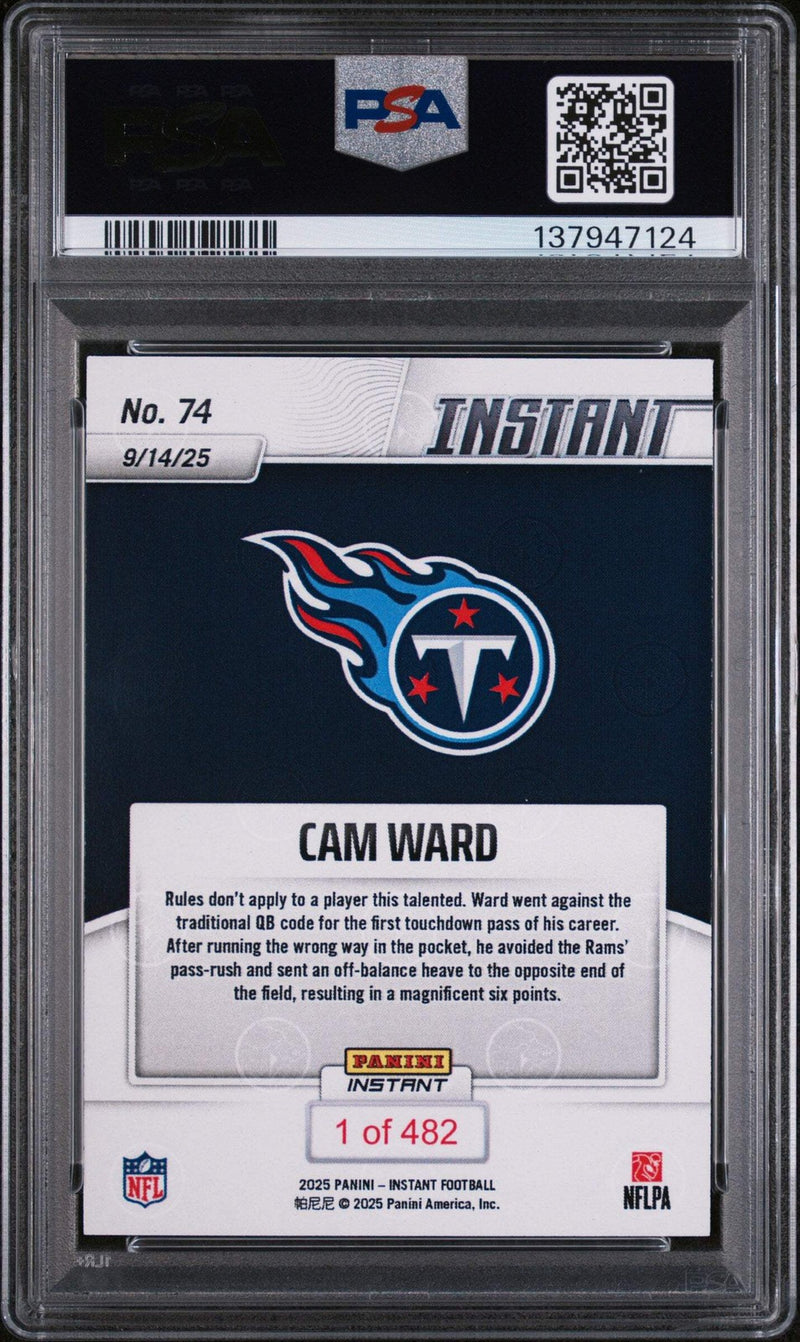 Graded 2025 Panini Instant NFL Cam Ward #74 Rookie RC Football Card PSA 10-2