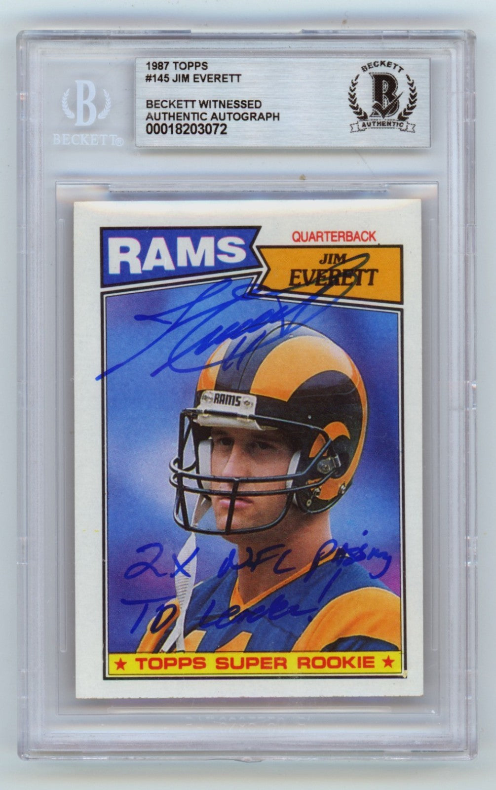 Jim Everett 1987 Topps 145 Signed RC 2 NFL Passing Leader Beckett BGS BAS Auto-1