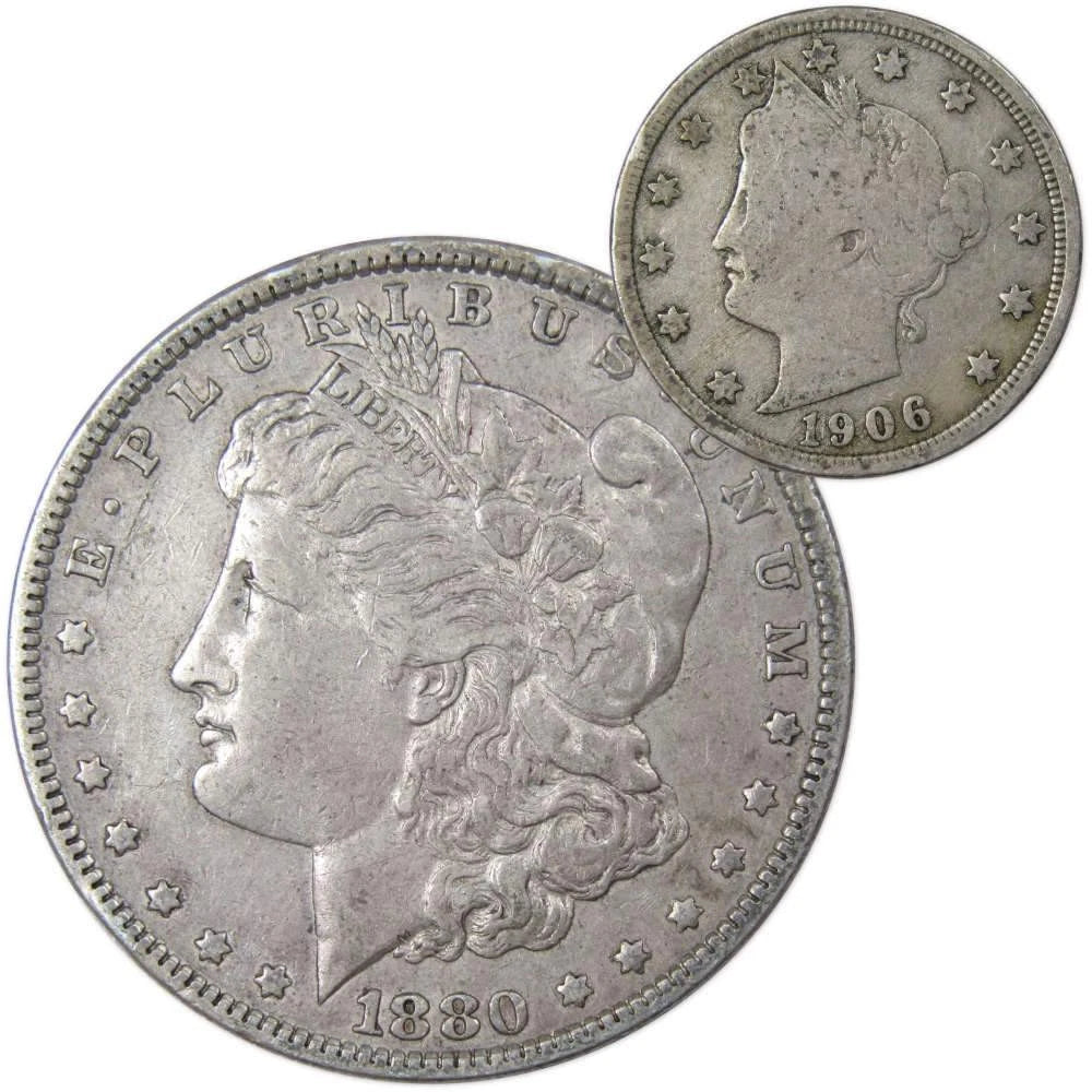 1880 Morgan Dollar VF Very Fine 90% Silver Coin with 1906 Liberty Nickel G Good