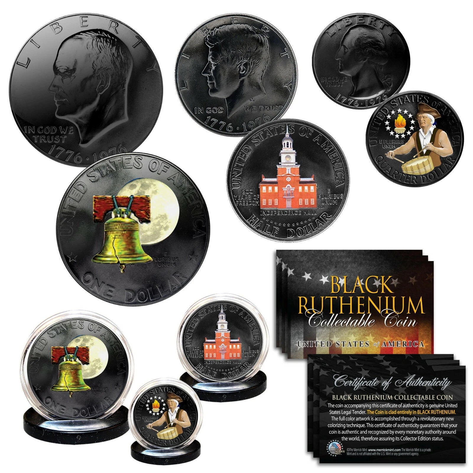 DUAL BLACK RUTHENIUM & COLOR 1976 Bicentennial US JFK / IKE / QUARTER 3-Coin Set-2