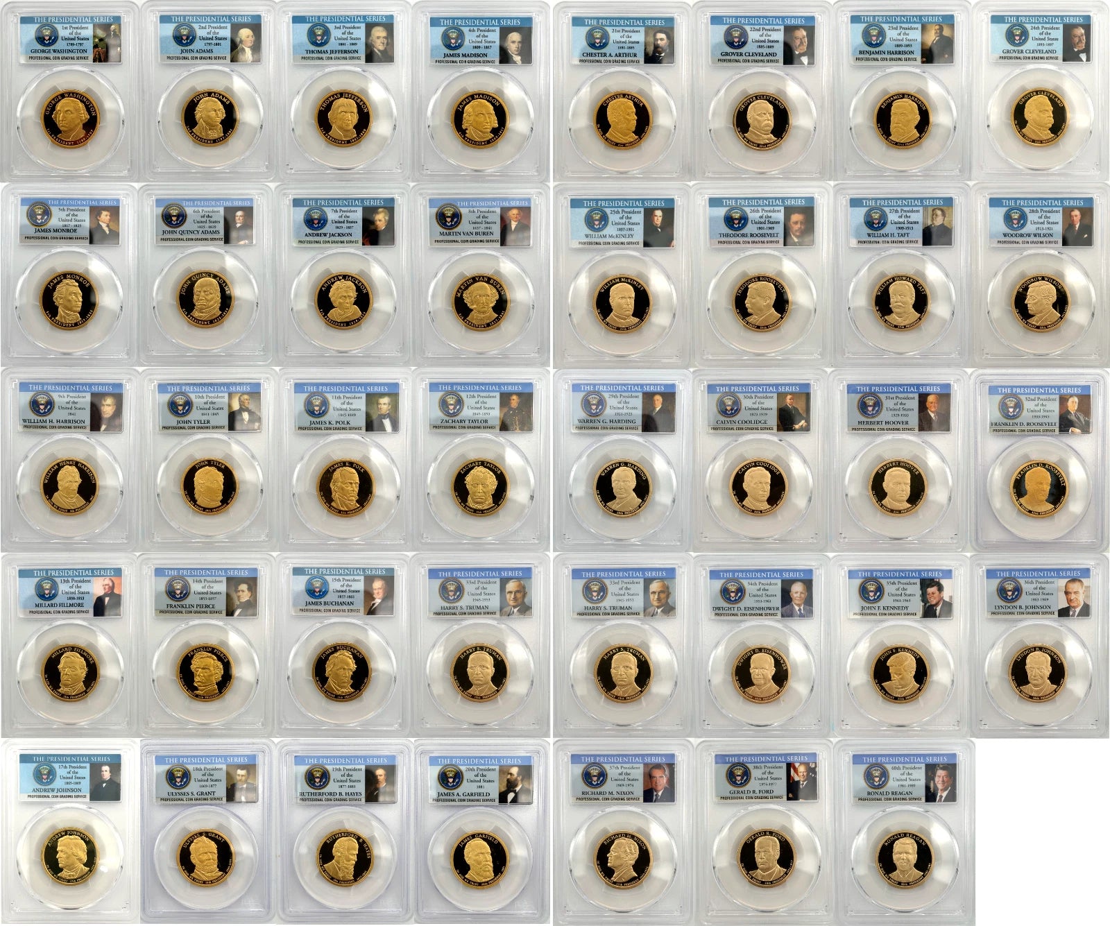 2007 - 2010, 2011 - 2016 S COMPLETE 39 Presidential $1 PCGS 70 Proof Dollar Set-12