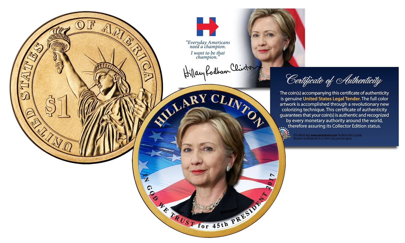 HILLARY CLINTON for 45th President Official Colorized 2016 Presidential $1 Coin