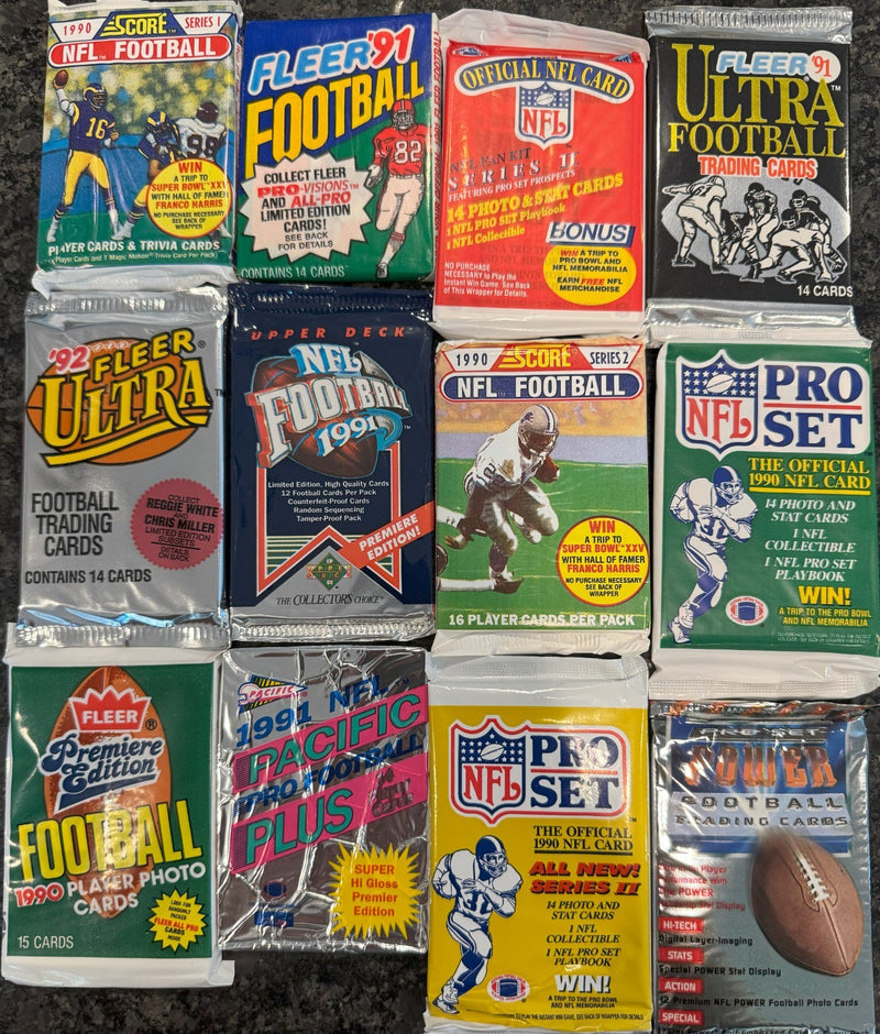 Vintage NFL Football Cards Lot 54+ Cards – 4 Factory Sealed Unopened Packs, Old School Football Card Collection-2