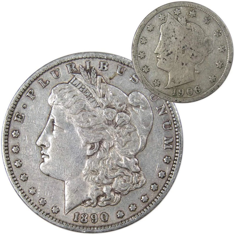 1890 S Morgan Dollar VF Very Fine 90% Silver with 1906 Liberty Nickel G Good-1