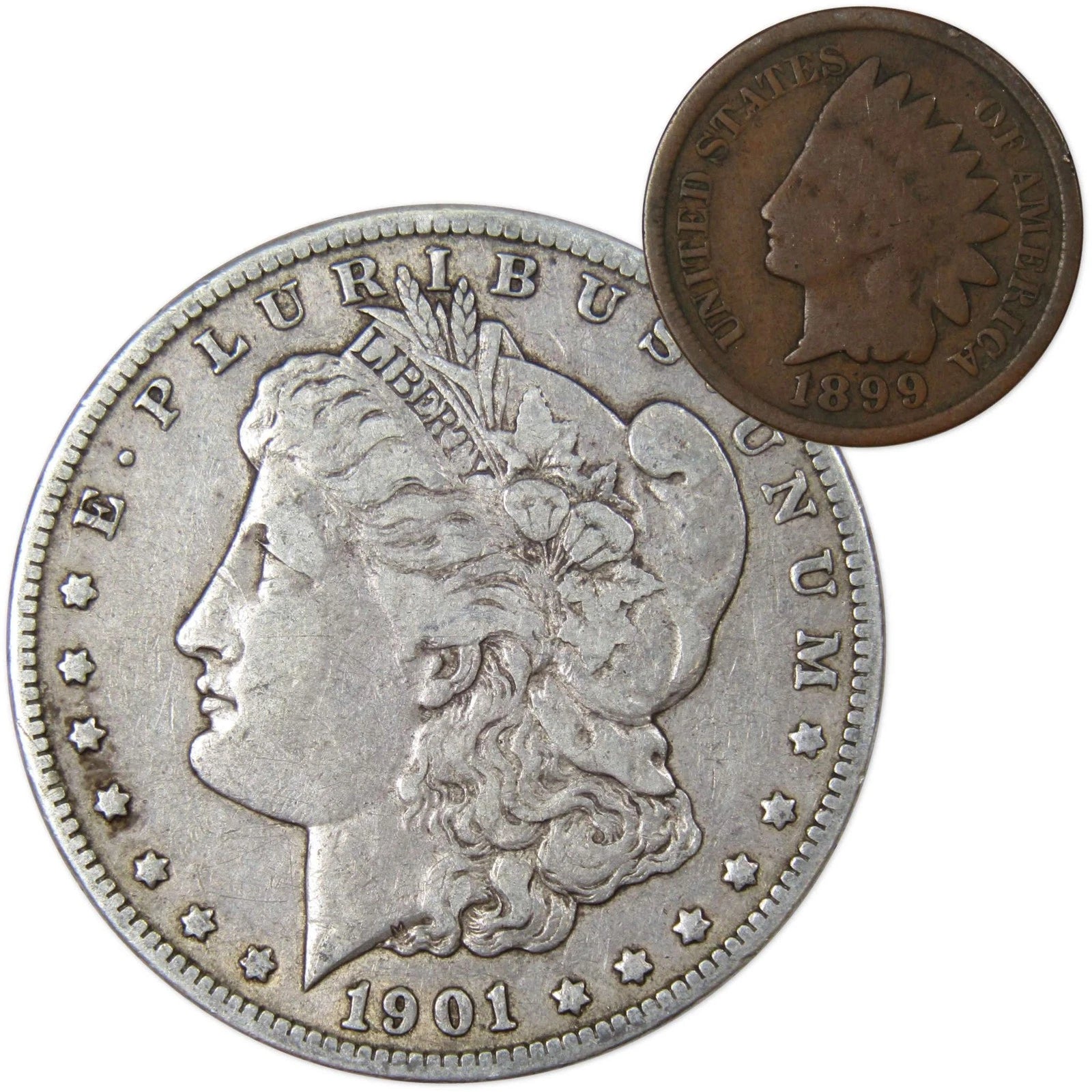 1901 O Morgan Dollar F Fine 90% Silver Coin with 1899 Indian Head Cent G Good-1