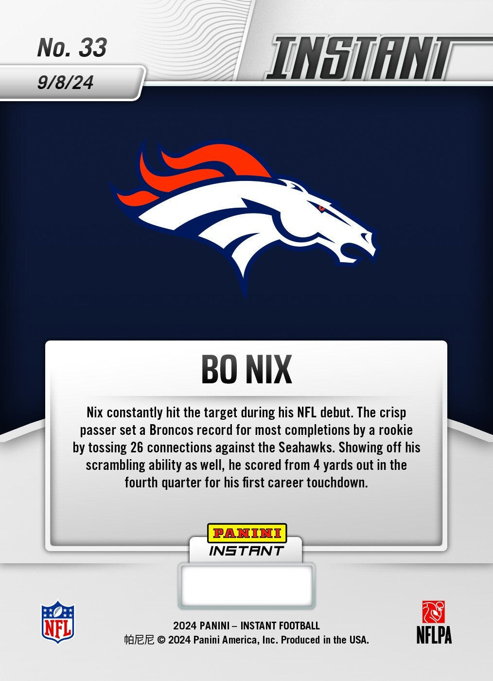 Graded 10 Bo Nix #33 RC Rookie Card 2024 Panini Instant Denver Broncos-3