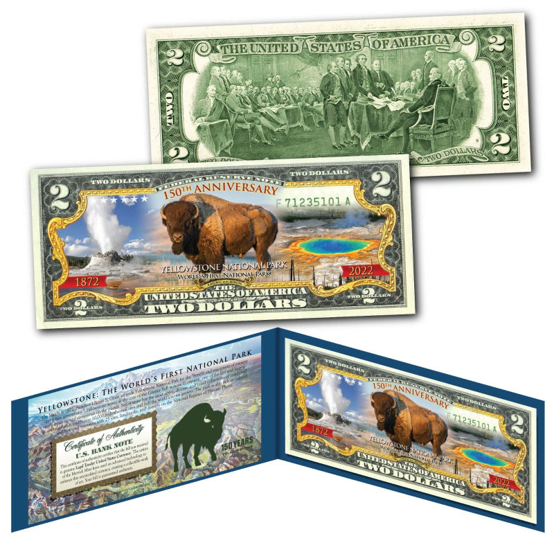 YELLOWSTONE NATIONAL PARK 150TH ANNIVERSARY 1872-2022 Genuine U.S. $2 Bill w/COA-2