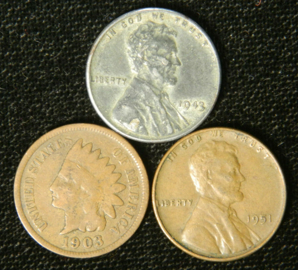Lote de monedas antiguas de EE. UU. con cabeza de indio, trigo Lincoln y centavo de acero. Juego de 3 monedas.