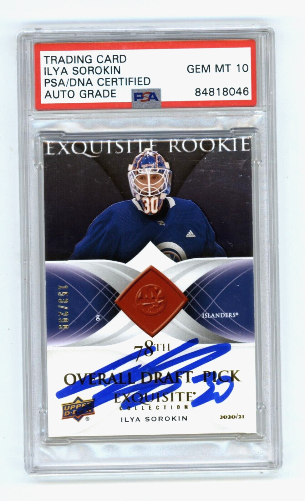 Ilya Sorokin 2020-21 Upper Deck Exquisite Rookie RC #153/299 Signed PSA 10 Auto-1