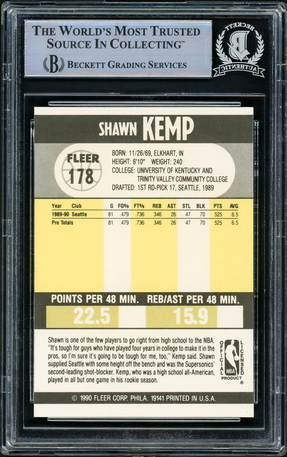 Shawn Kemp Signed 1990-91 Fleer RC 178 Seattle Super Sonics Beckett-2