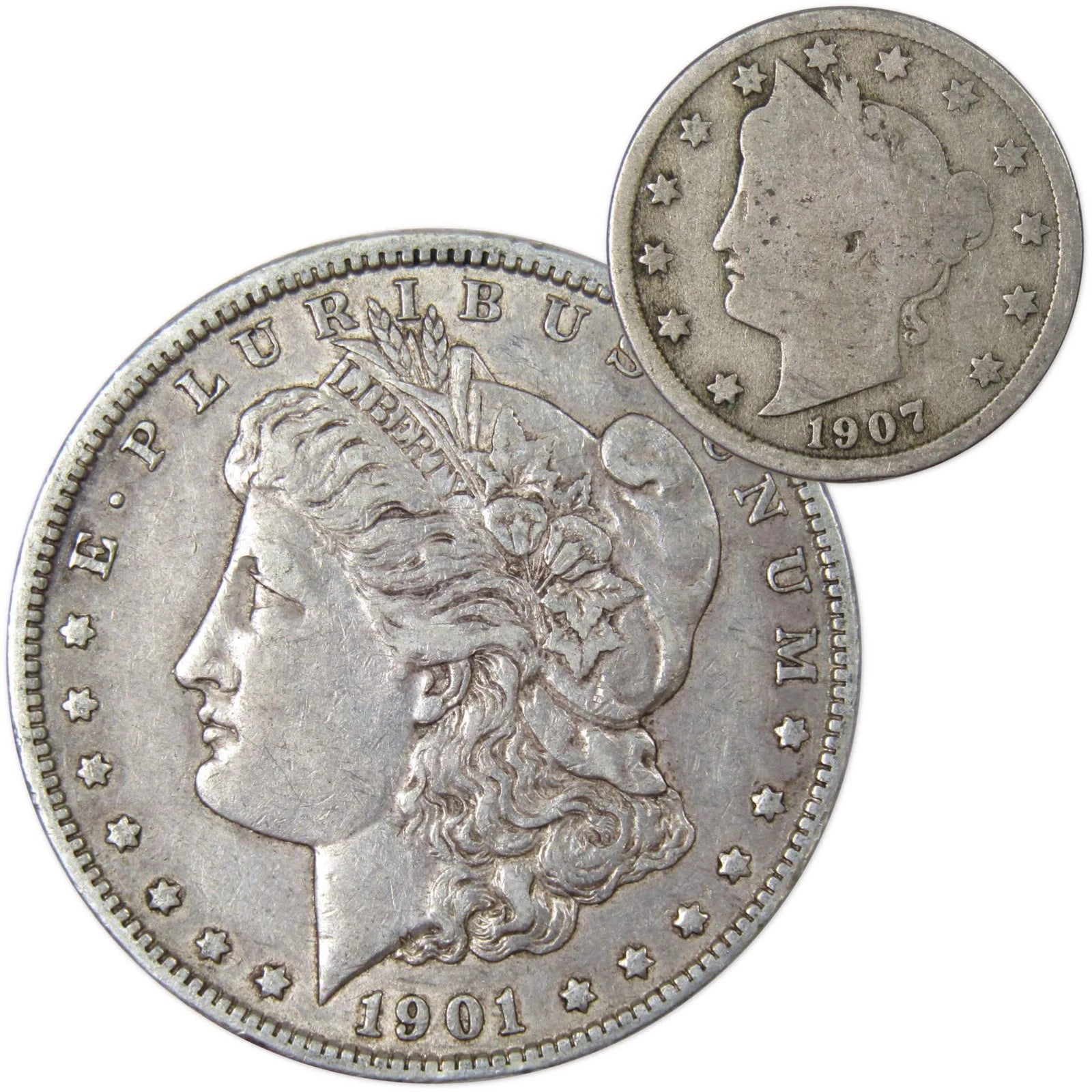 1901 O Morgan Dollar VF Very Fine 90% Silver with 1907 Liberty Nickel G Good-1
