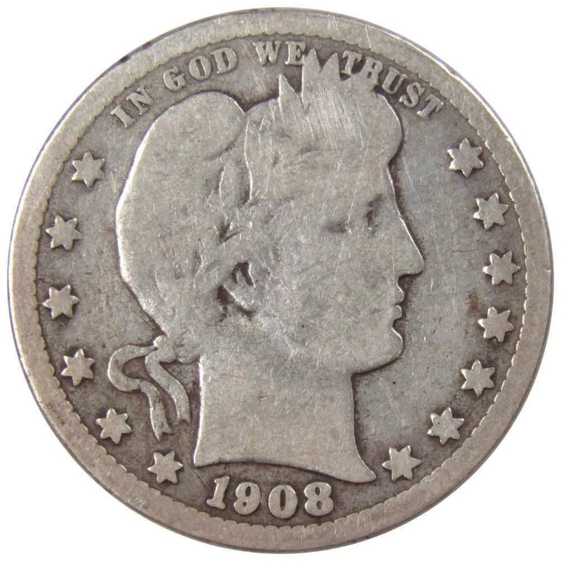 1908 O Barber Quarter G Good 90% Silver 25c US Type Coin Collectible-1