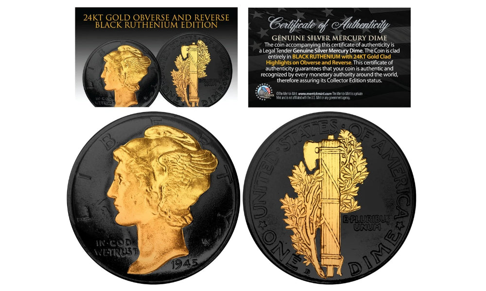 BLACK RUTHENIUM 2-Sided 1916-1945 Original AU MERCURY SILVER DIME Coin 24K Gold-1