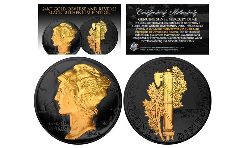 BLACK RUTHENIUM 2-Sided 1916-1945 Original AU MERCURY SILVER DIME Coin 24K Gold-1