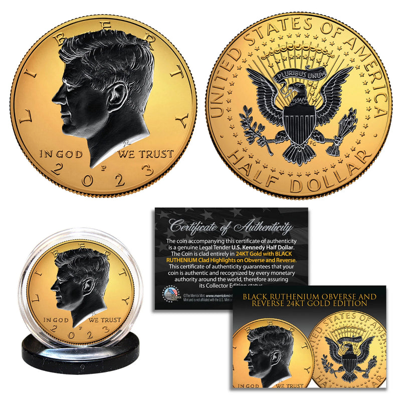 24K GOLD 2-Sided 2023 JFK Kennedy Half Dollar Coin with BLACK RUTHENIUM - P MINT-2
