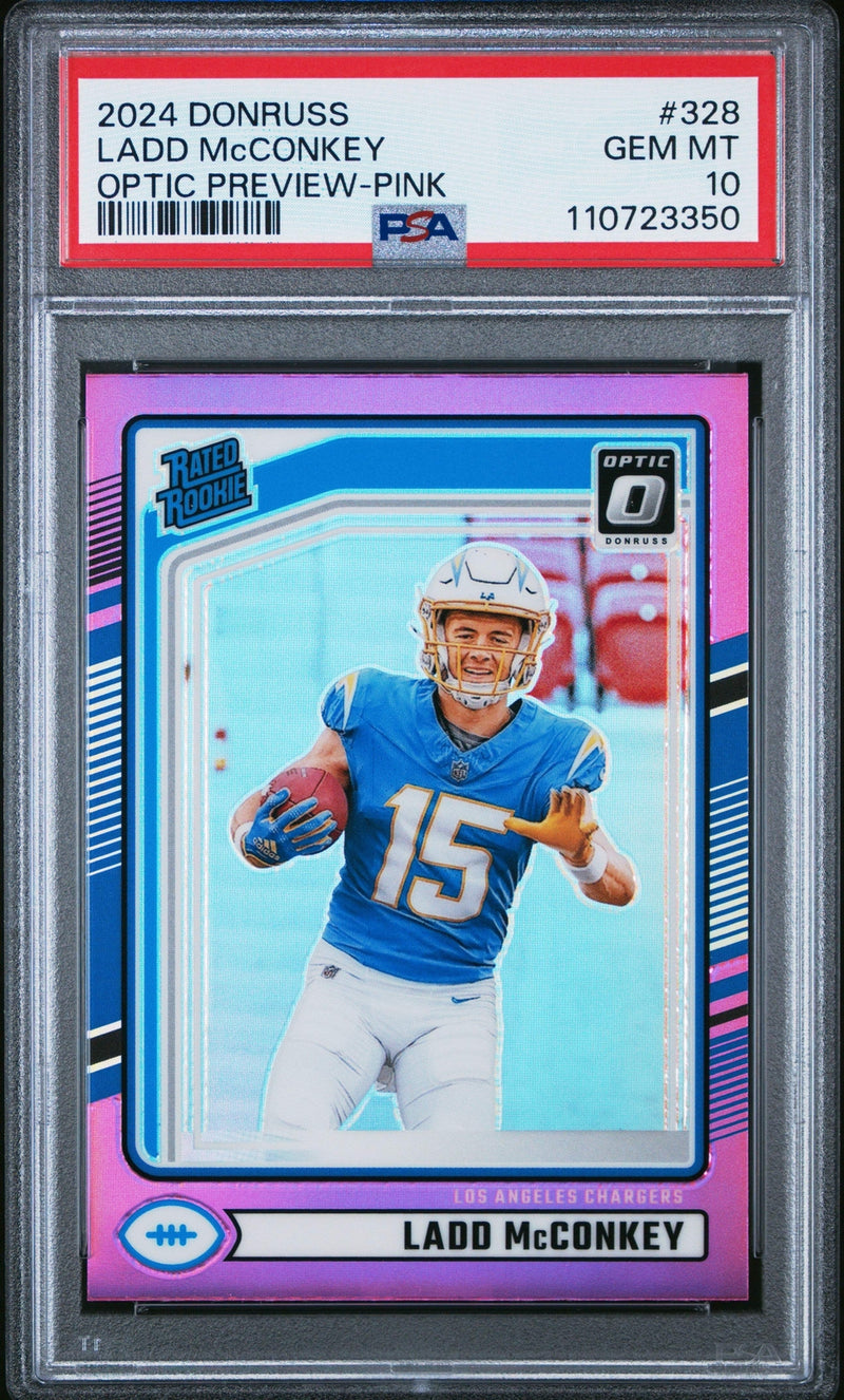 Graded 2024 Panini Donruss Ladd McConkey #328 Pink Rookie Football Card PSA 10-1