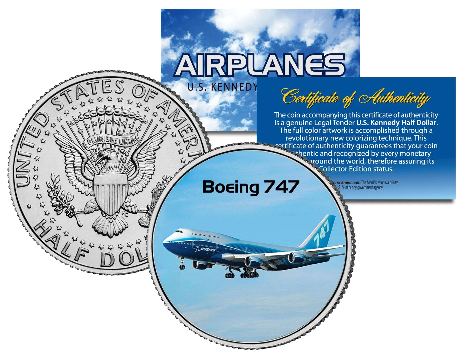 BOEING 747 * Serie Aviones * Moneda de medio dólar coloreada de JFK Kennedy-1